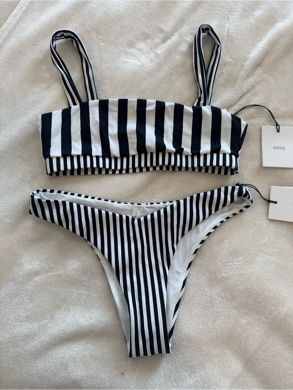 Onia Black and White Striped Bikini Set